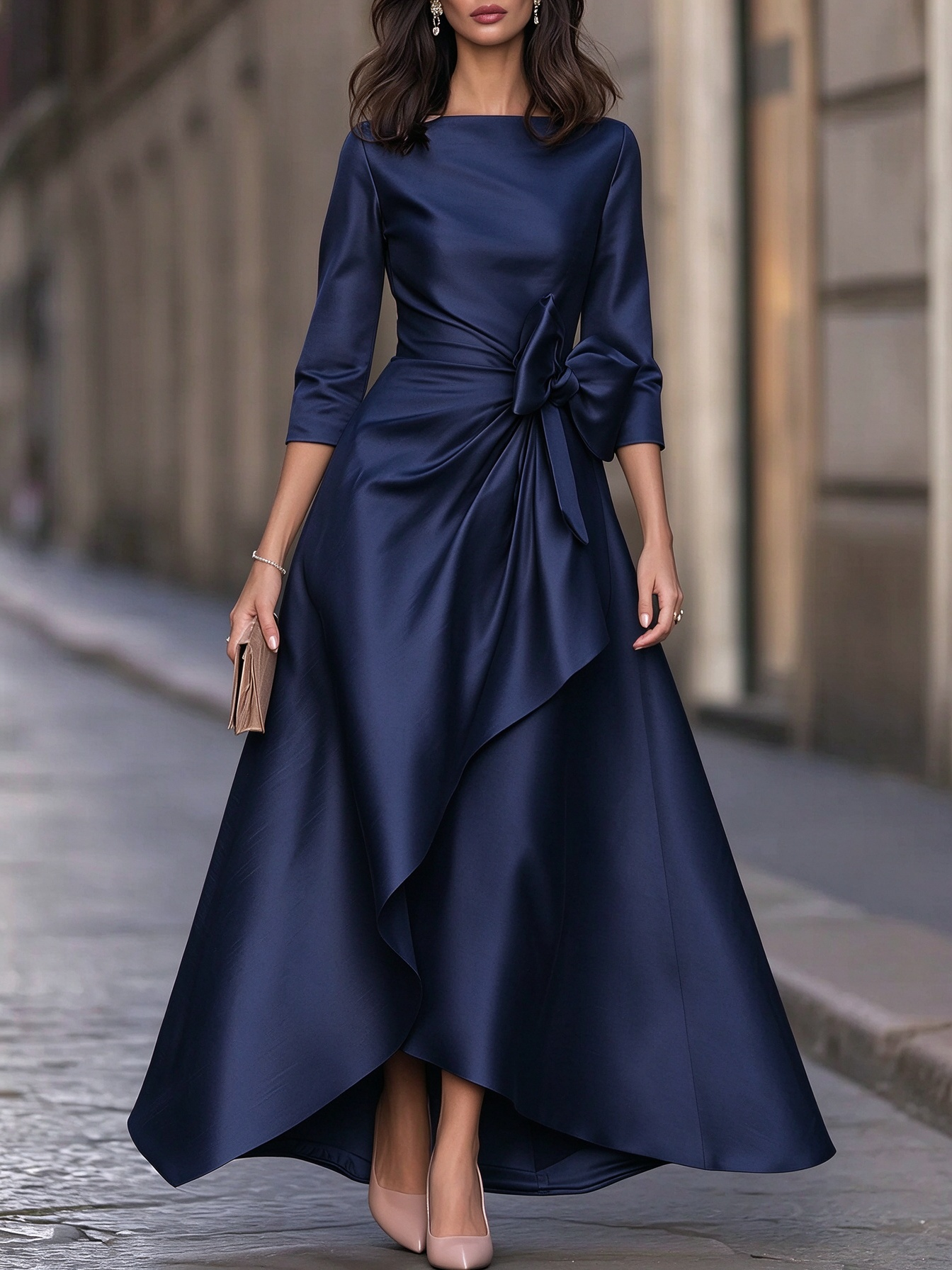 Boat-Neck Bow-Waist High-Low Maxi Dress