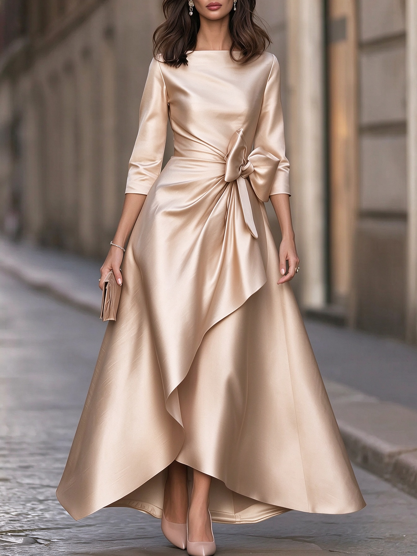 Boat-Neck Bow-Waist High-Low Maxi Dress