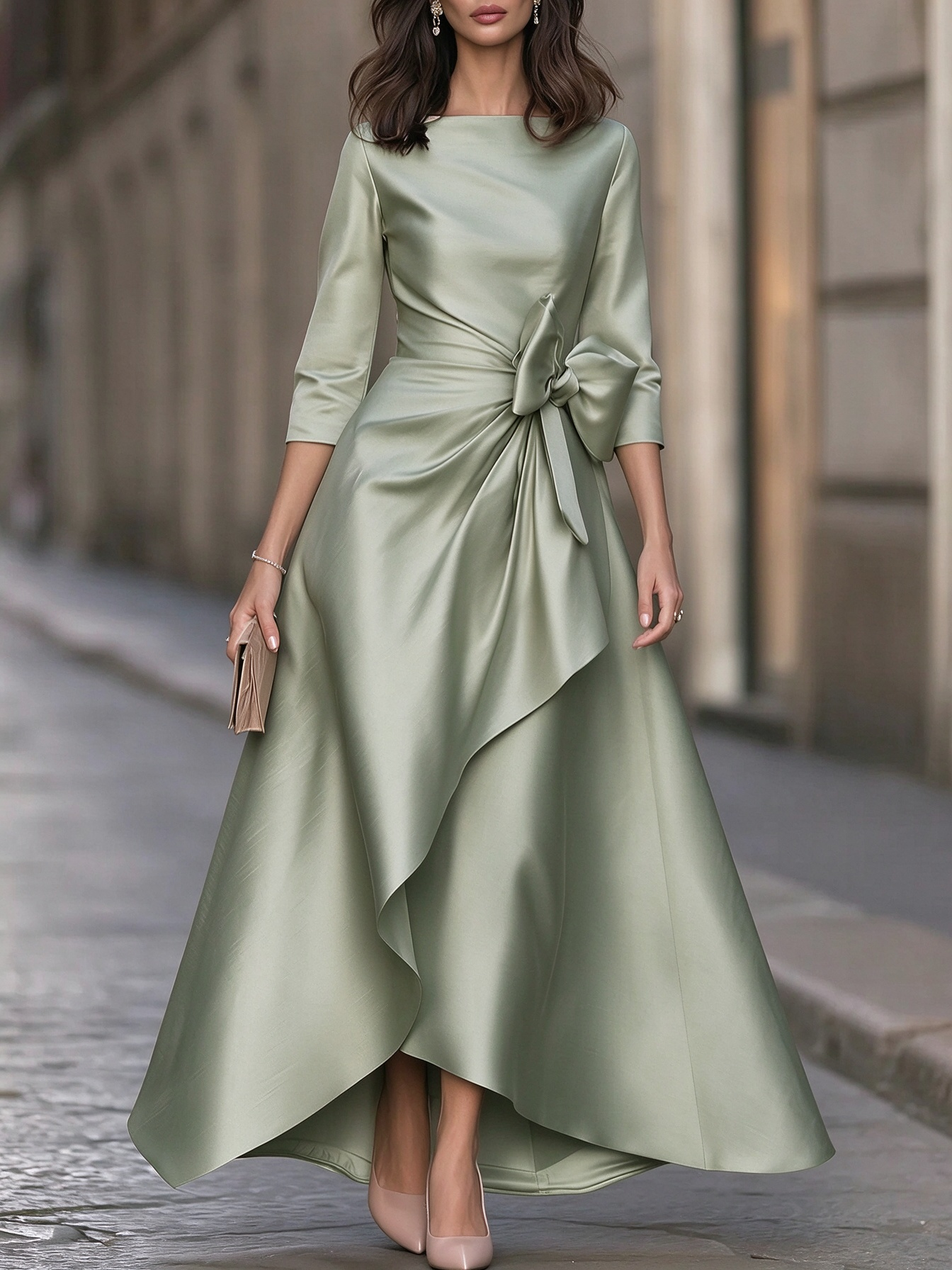 Boat-Neck Bow-Waist High-Low Maxi Dress