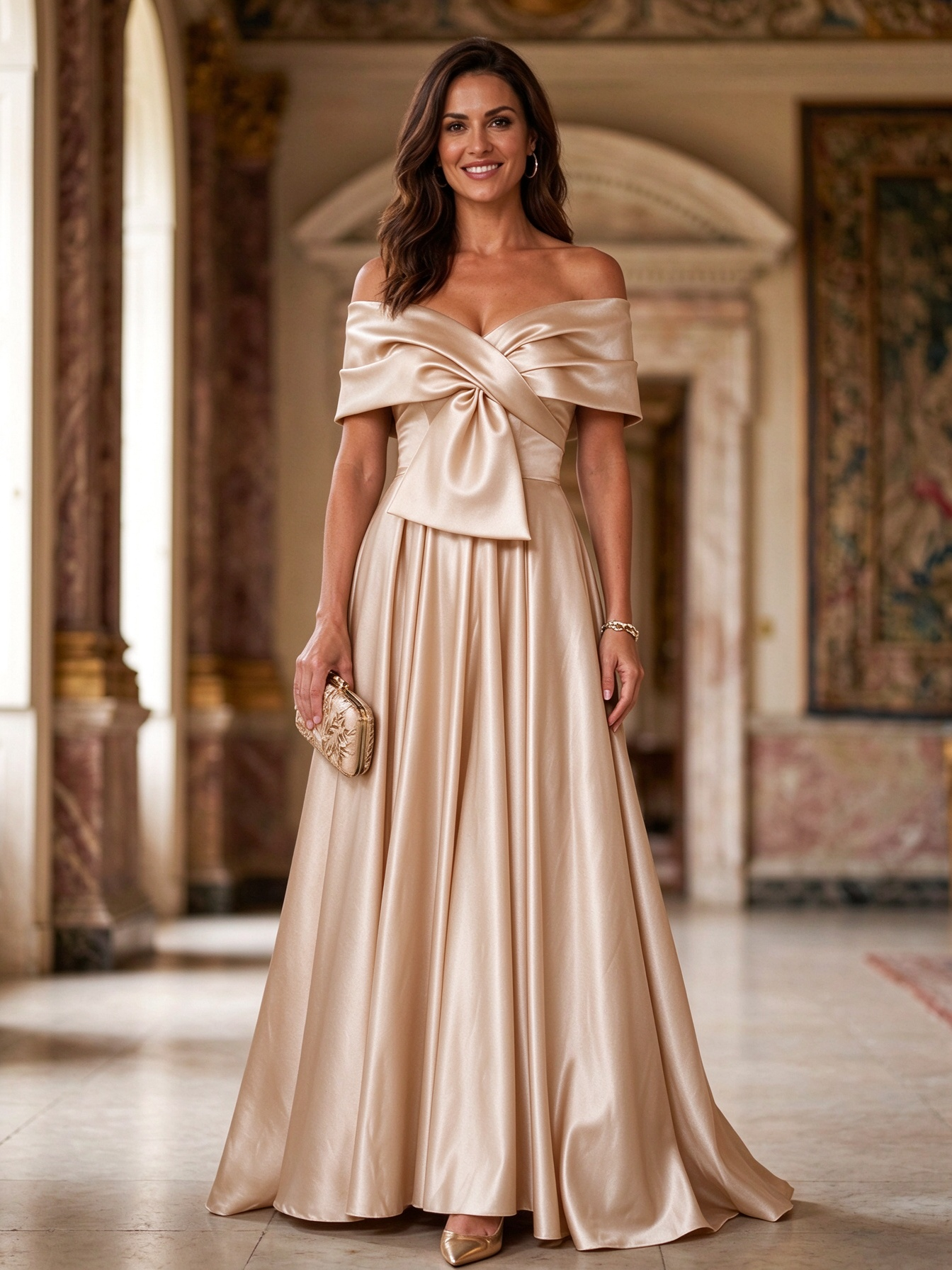 Emerald Green Off Shoulder Satin Bow A-Line Maxi Dress