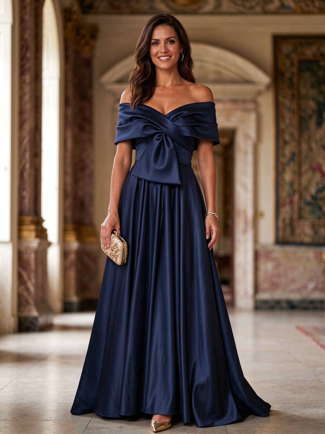 Emerald Green Off Shoulder Satin Bow A-Line Maxi Dress