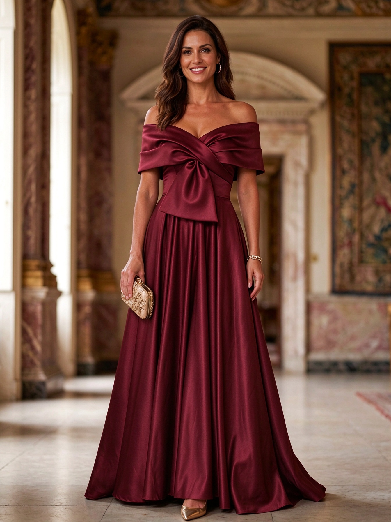 Emerald Green Off Shoulder Satin Bow A-Line Maxi Dress