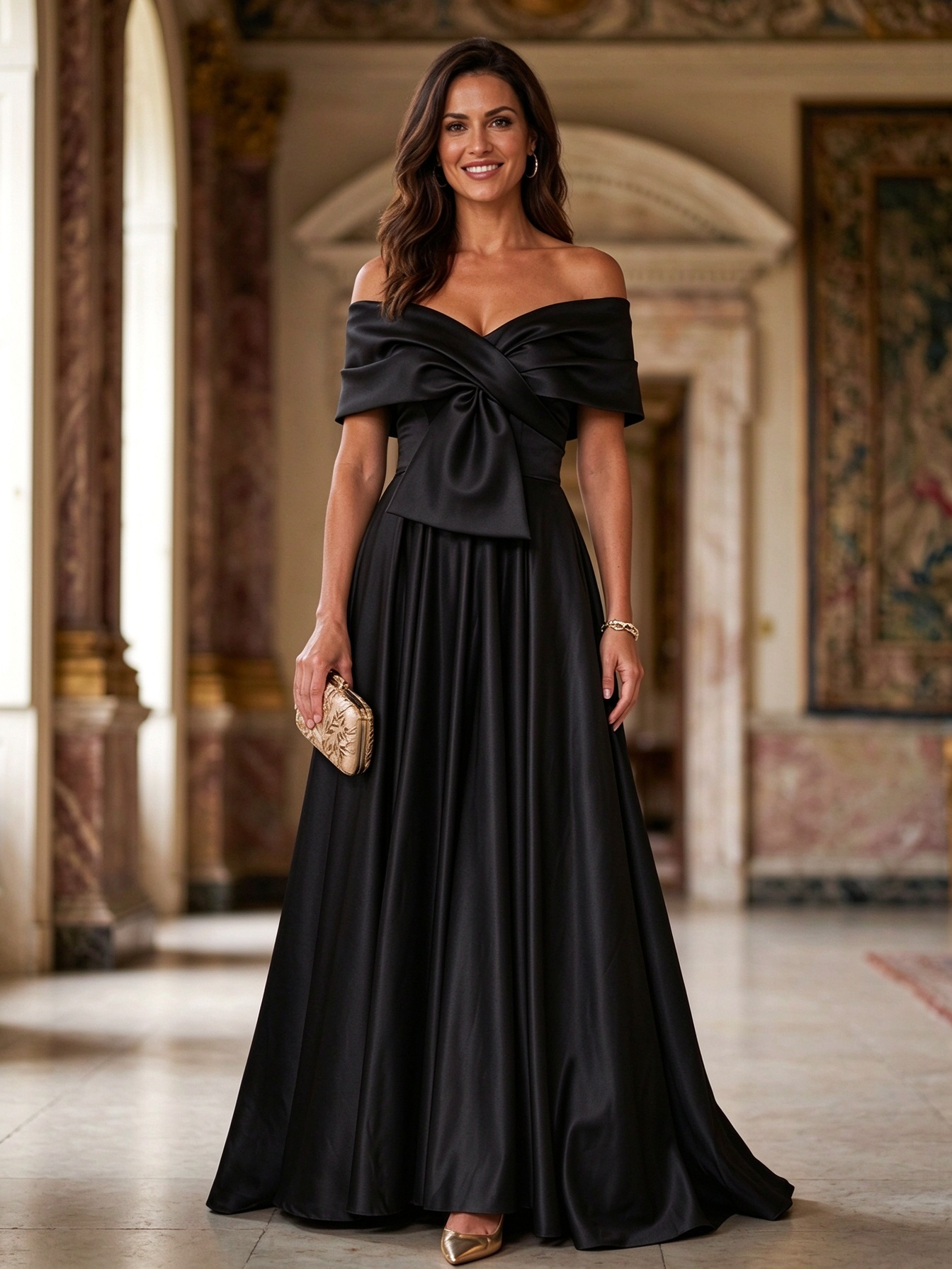 Emerald Green Off Shoulder Satin Bow A-Line Maxi Dress