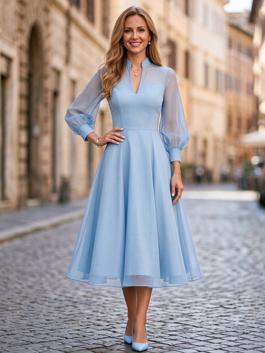 Navy Blue High Neck Puff Sleeve A-Line Tea-Length Midi Dress