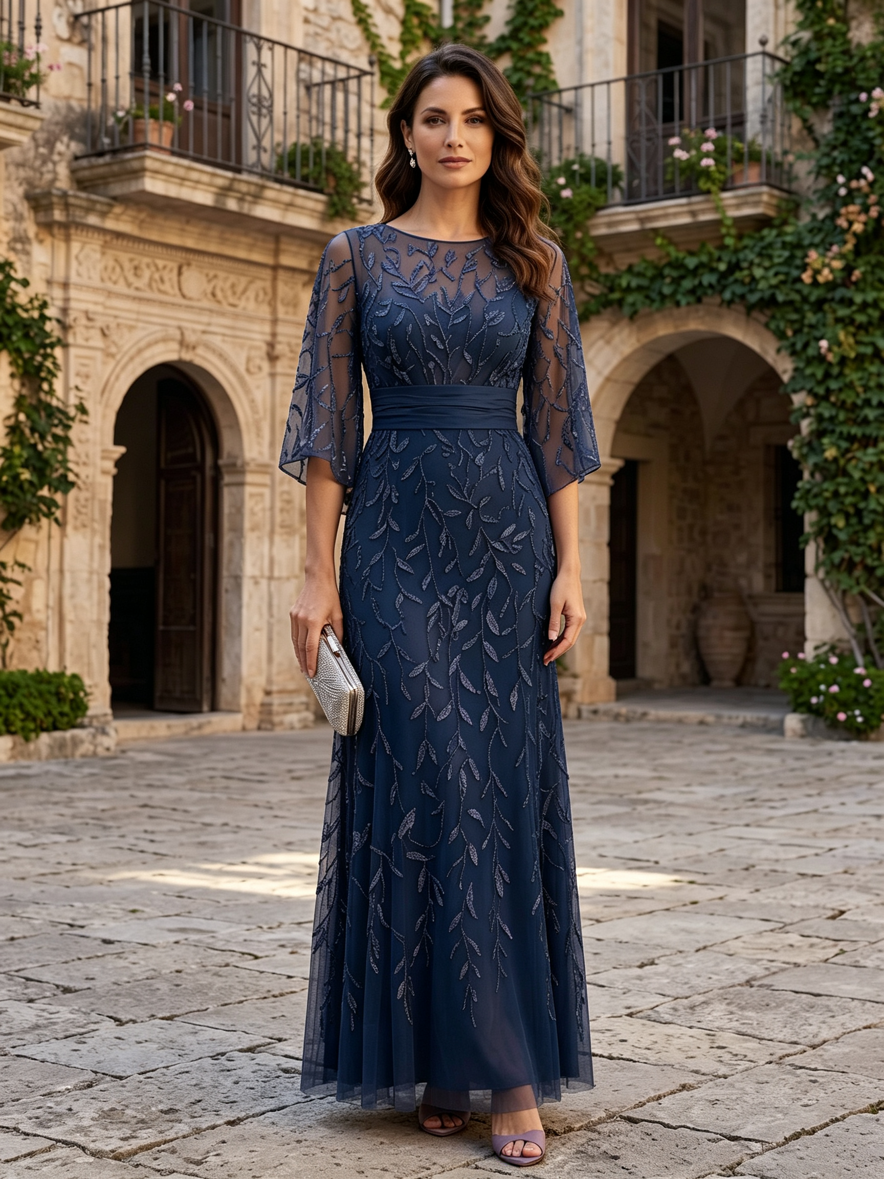 Dusty Rose Round Neck Flare Sleeve Sequin Leaf A-Line Maxi Dress