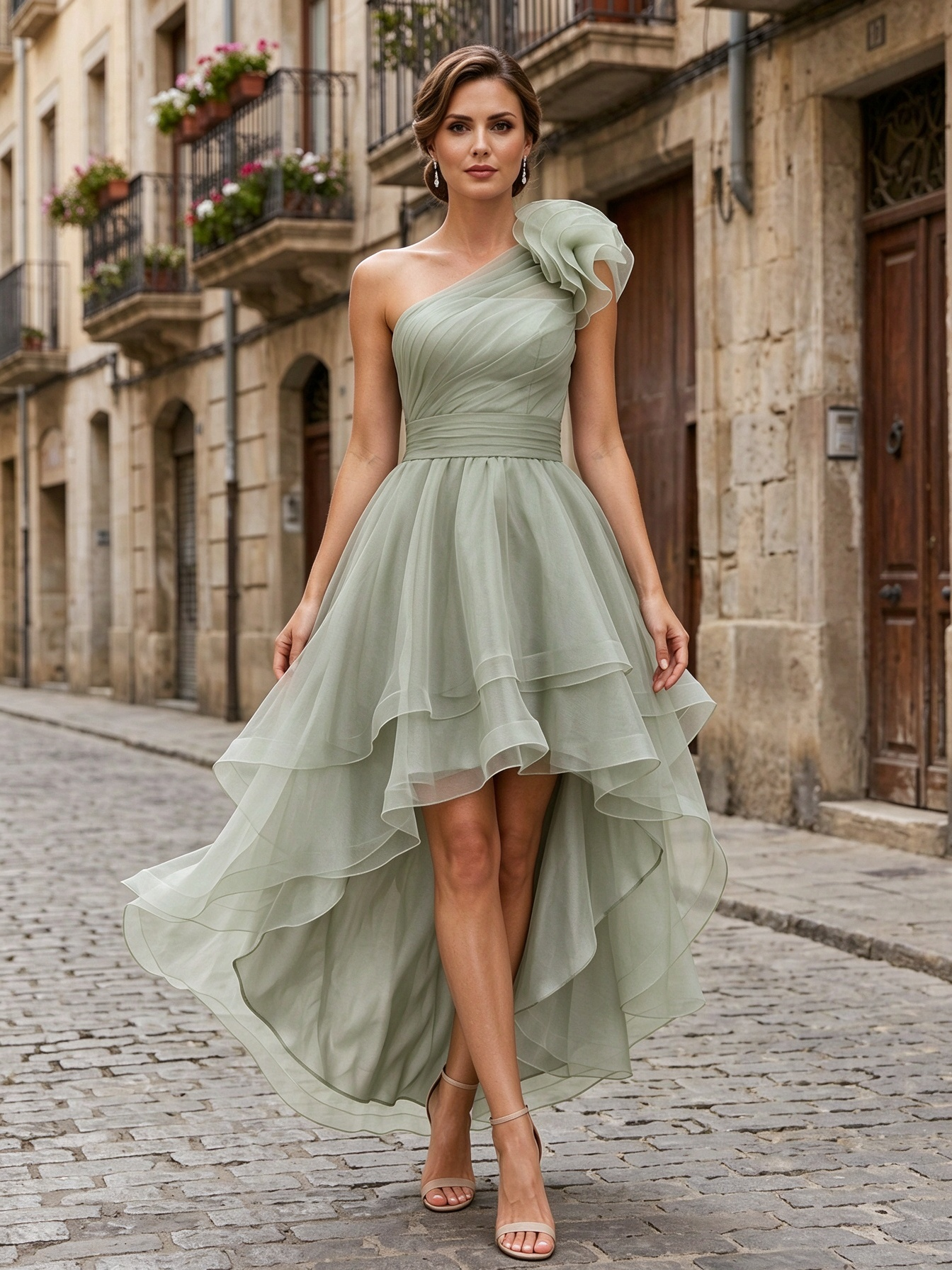 Lavender One-Shoulder Floral Applique High-Low Tulle Maxi Dress