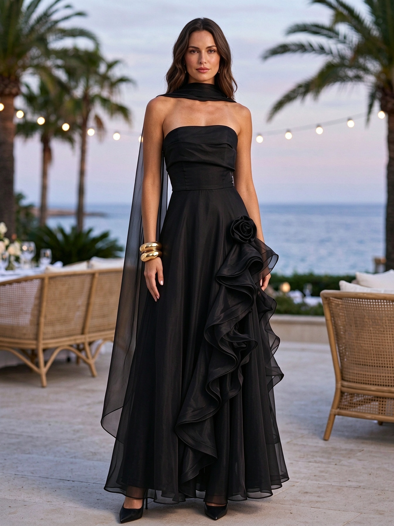 Plum Strapless Rose Layered Ruffle Maxi Dress