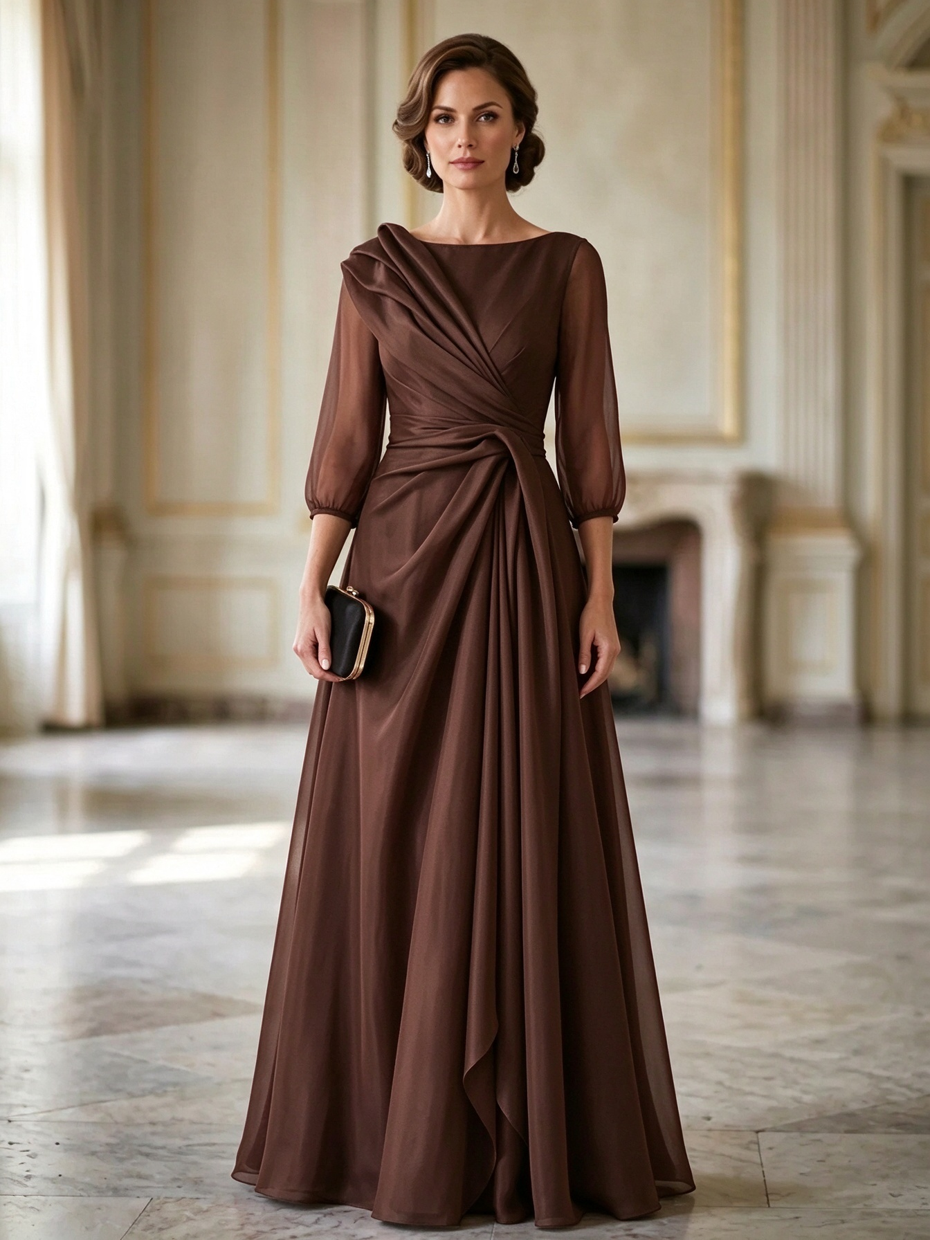 Burgundy Boat-Neck Mesh-Sleeve Ruched Twist Maxi Dress