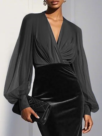 Blue Mesh Split Joint Balloon Sleeve Sheath Midi Velvet Dress