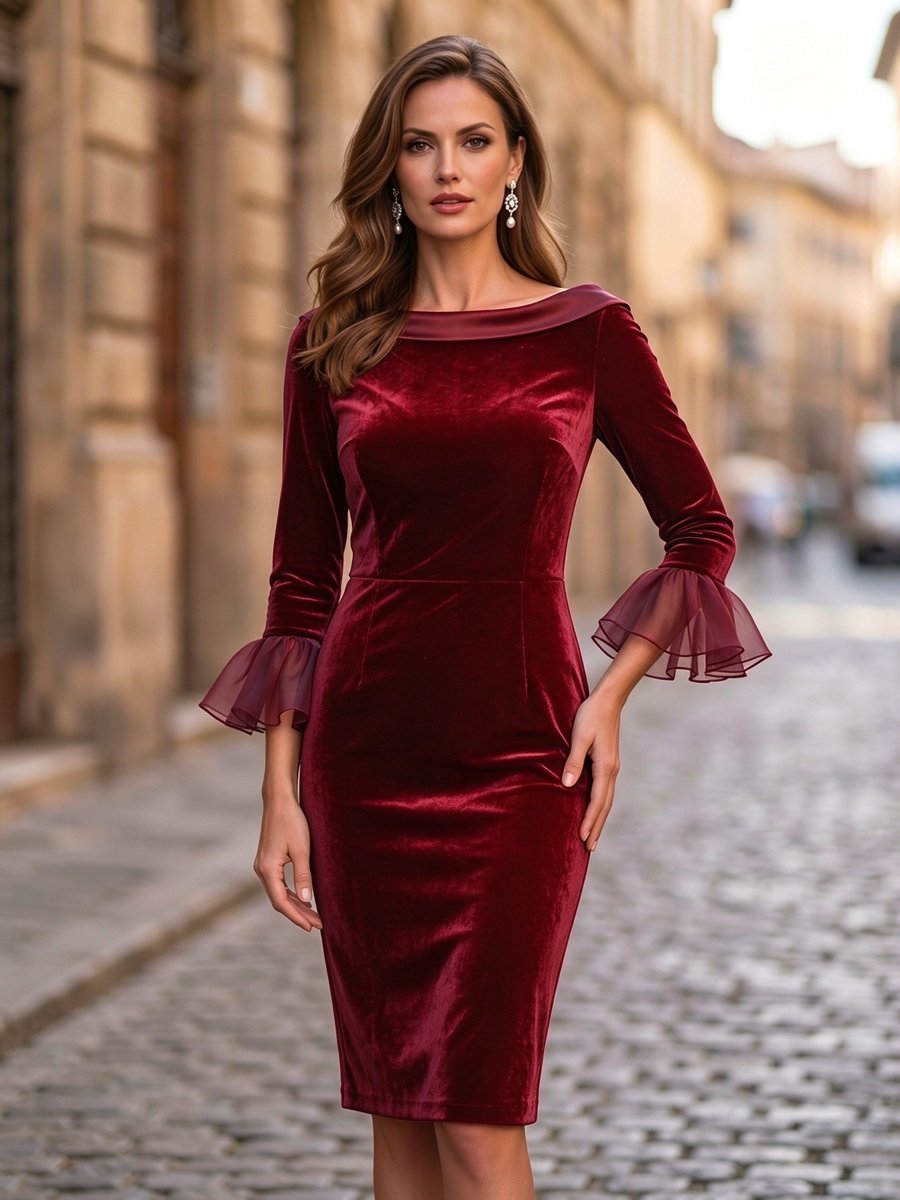 Navy Blue Boat Neck Velvet Ruffle-Sleeve Mini Dress