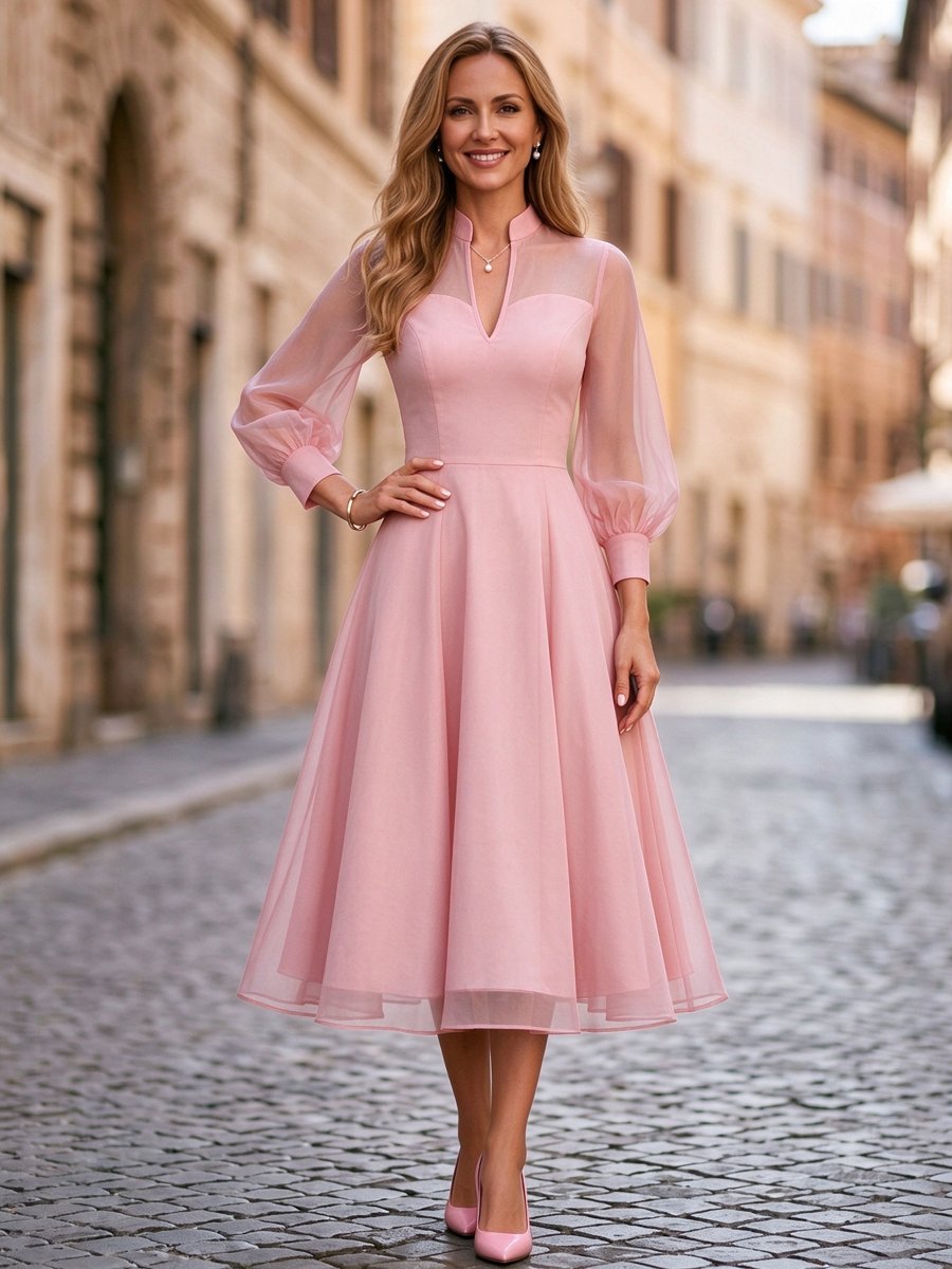 Navy Blue High Neck Puff Sleeve A-Line Tea-Length Midi Dress