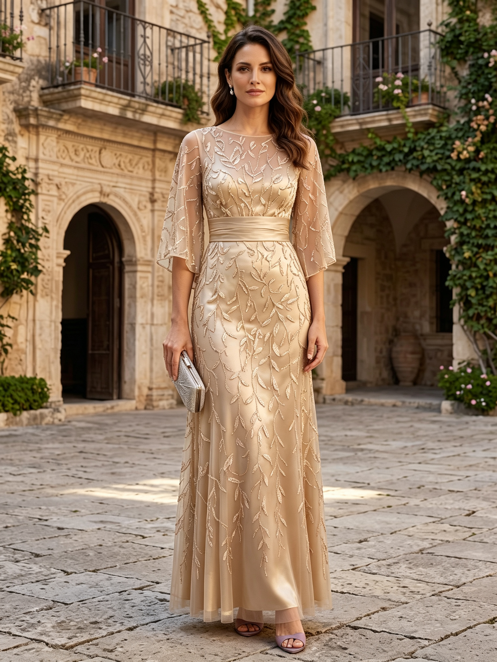 Dusty Rose Round Neck Flare Sleeve Sequin Leaf A-Line Maxi Dress