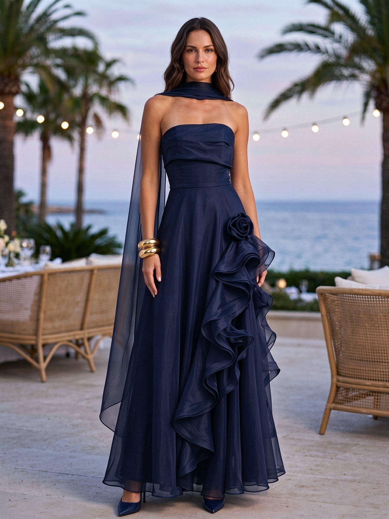 Plum Strapless Rose Layered Ruffle Maxi Dress