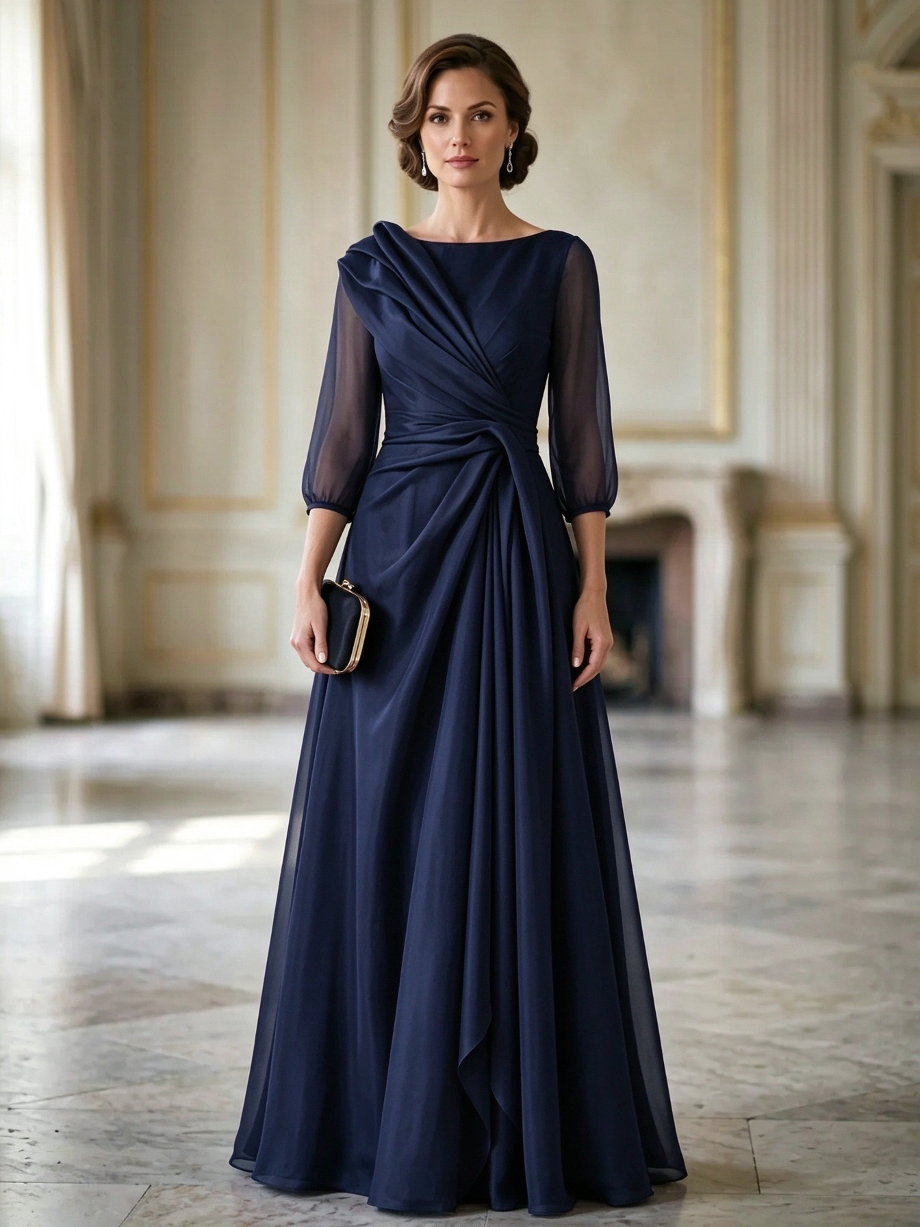 Burgundy Boat-Neck Mesh-Sleeve Ruched Twist Maxi Dress