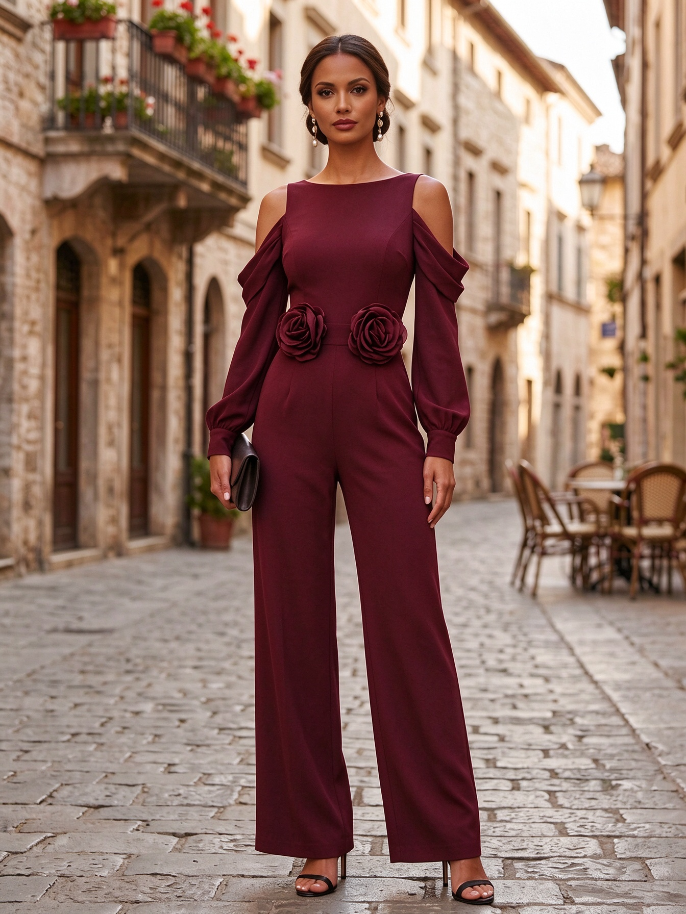 Black Round Neck Chiffon Off Shoulder Jumpsuit