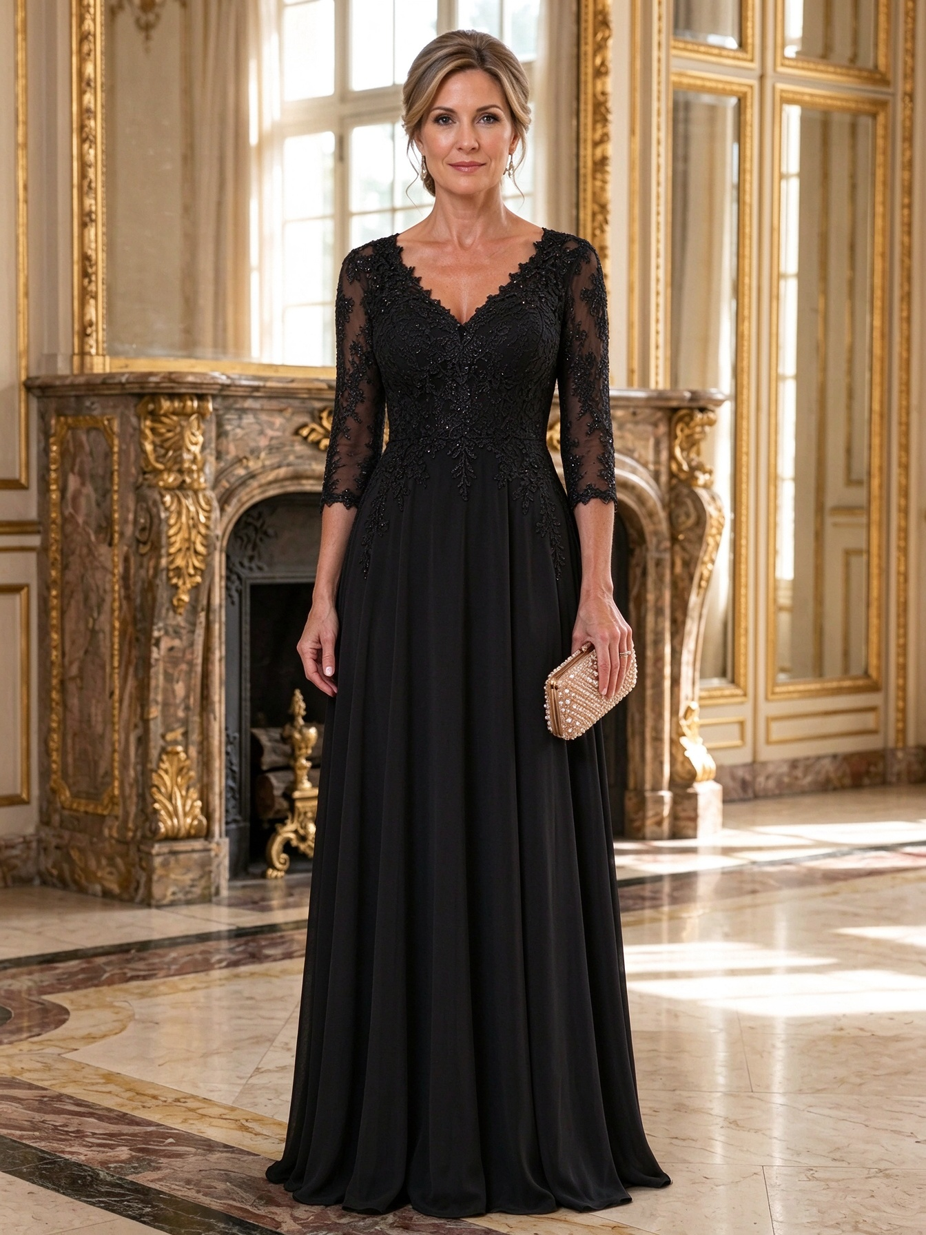Taupe V-Neck Lace 3/4 Sleeve Chiffon Maxi Dress