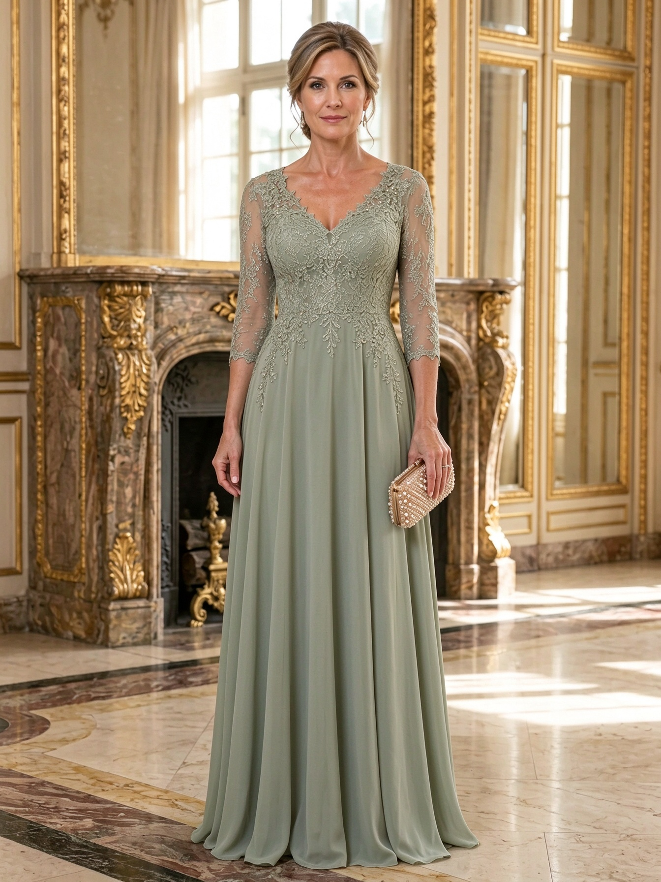 Taupe V-Neck Lace 3/4 Sleeve Chiffon Maxi Dress