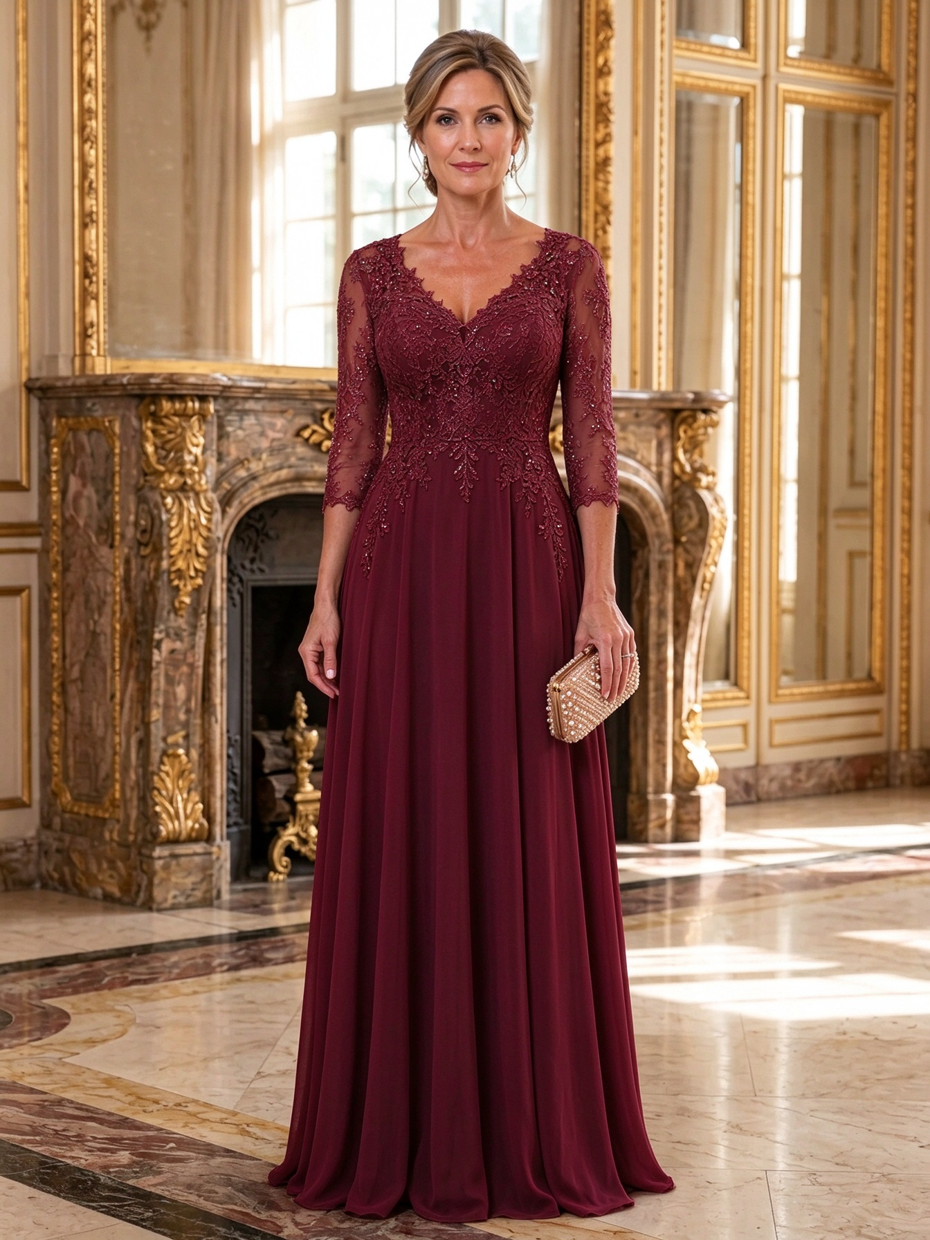 Taupe V-Neck Lace 3/4 Sleeve Chiffon Maxi Dress