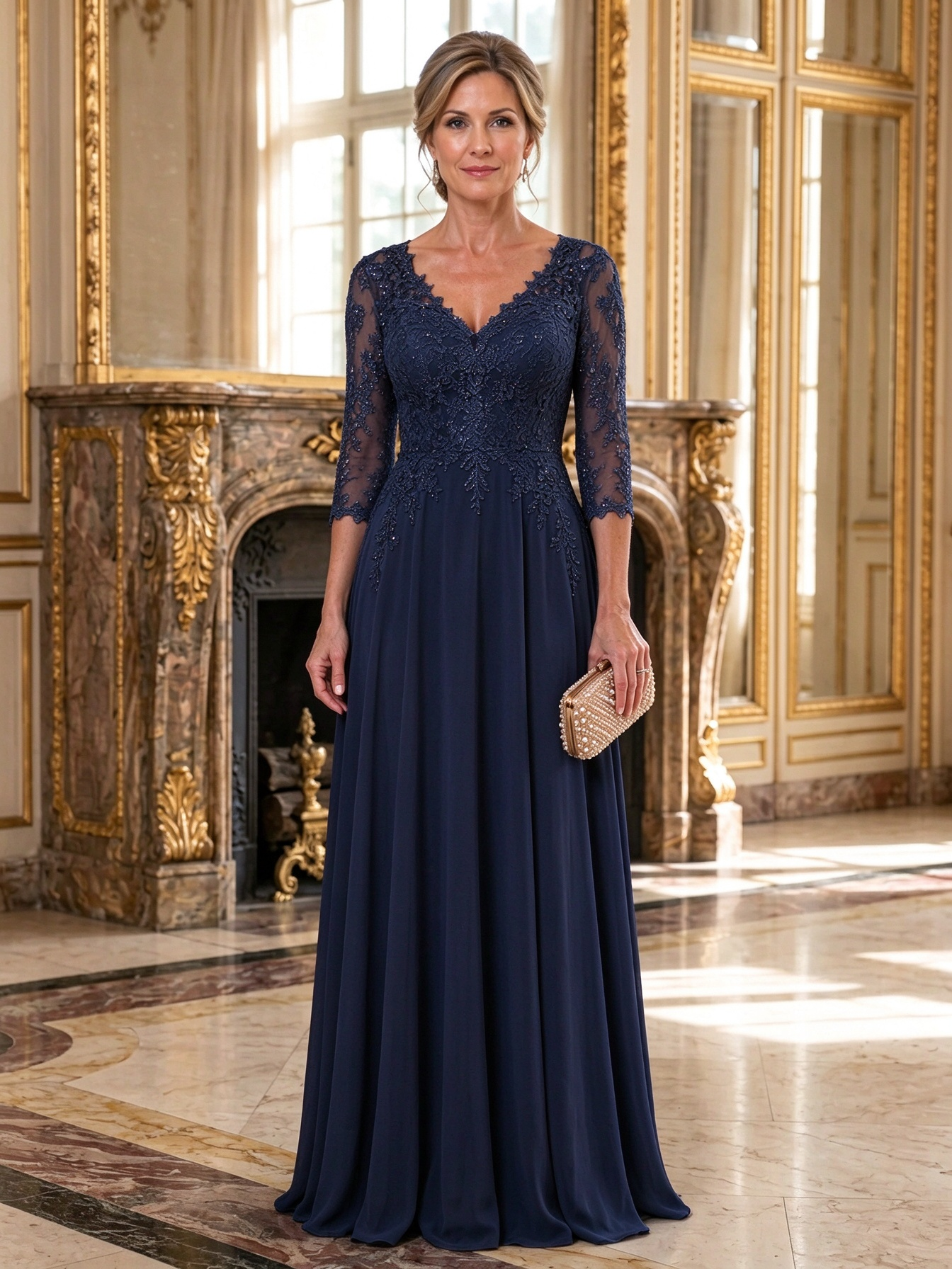 Taupe V-Neck Lace 3/4 Sleeve Chiffon Maxi Dress