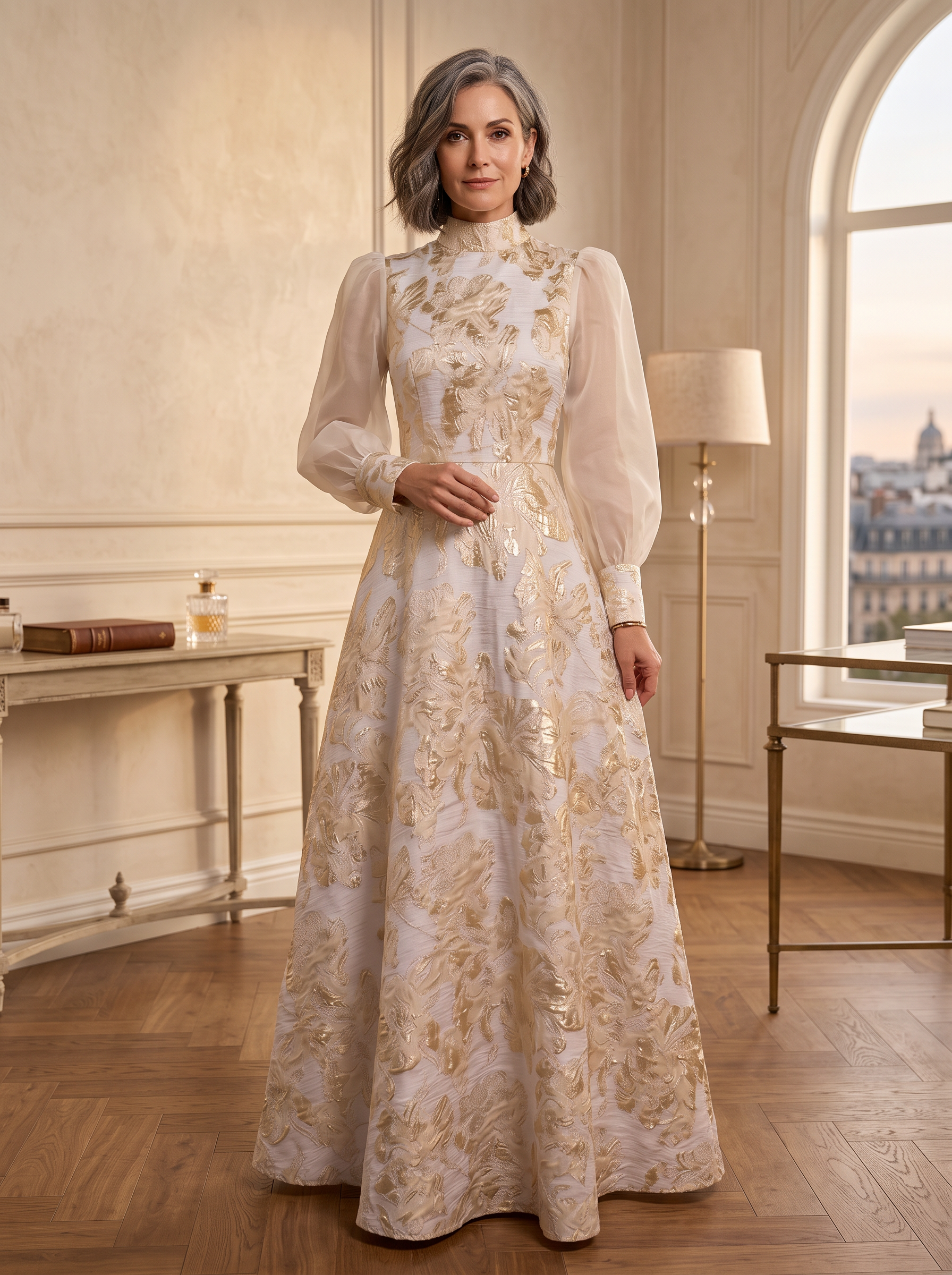 Cream Gold Floral Jacquard High Neck Puff Sleeve Maxi Dress