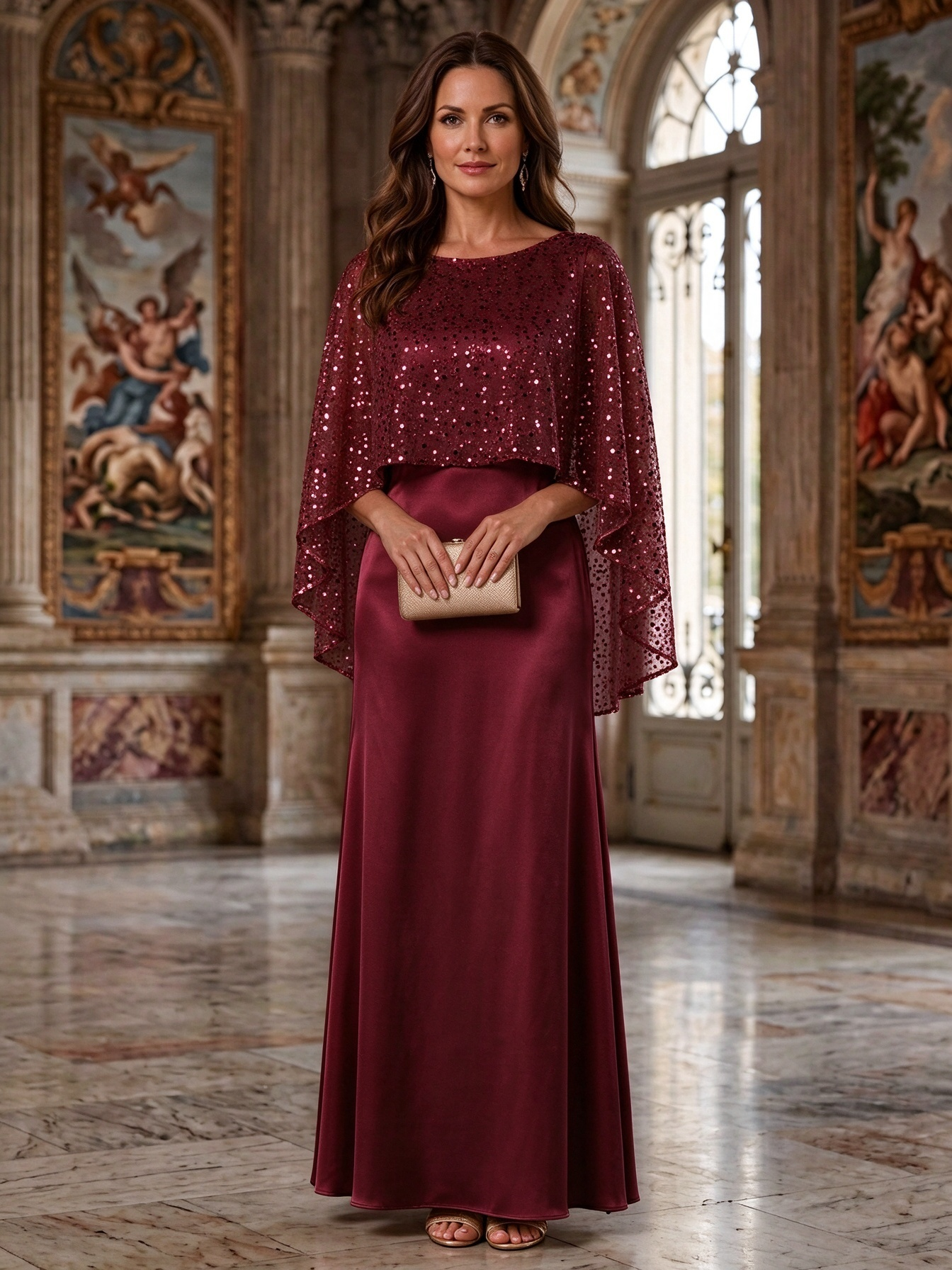 Solid Color Boat Neck Shawl Style Sequined Satin Maxi Dress