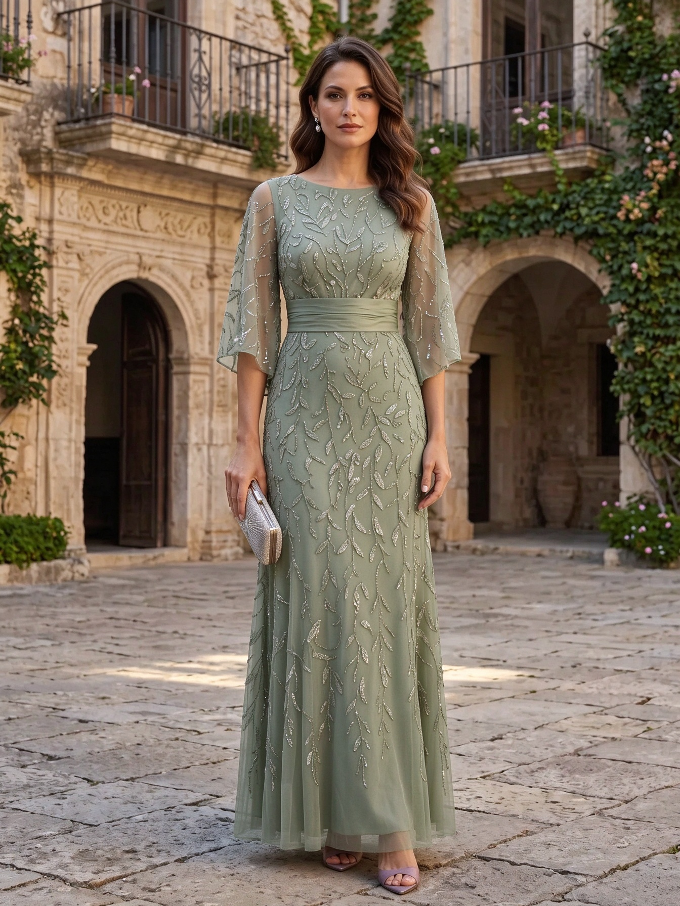 Dusty Rose Round Neck Flare Sleeve Sequin Leaf A-Line Maxi Dress