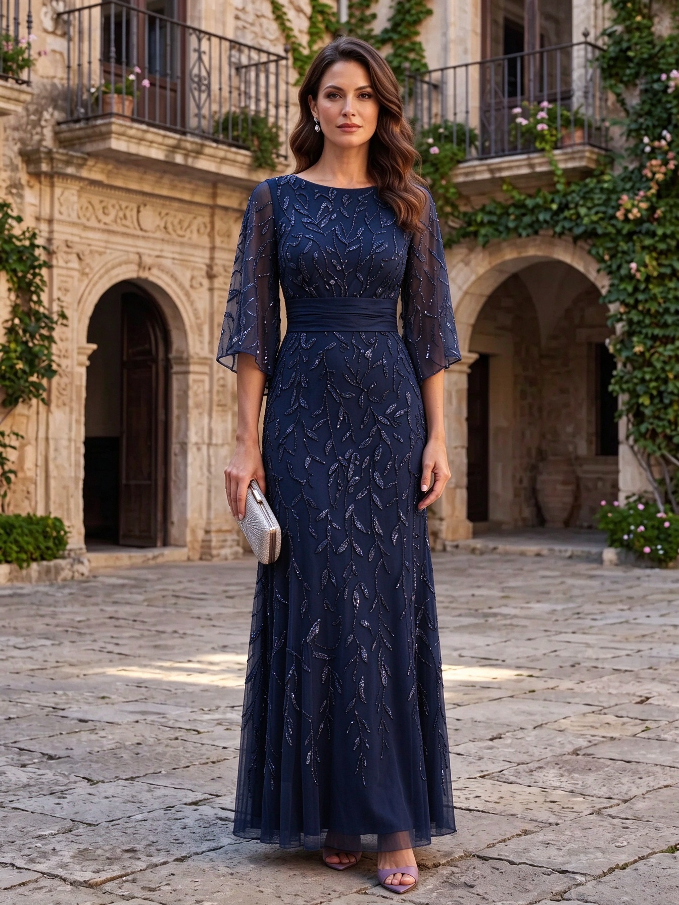 Dusty Rose Round Neck Flare Sleeve Sequin Leaf A-Line Maxi Dress