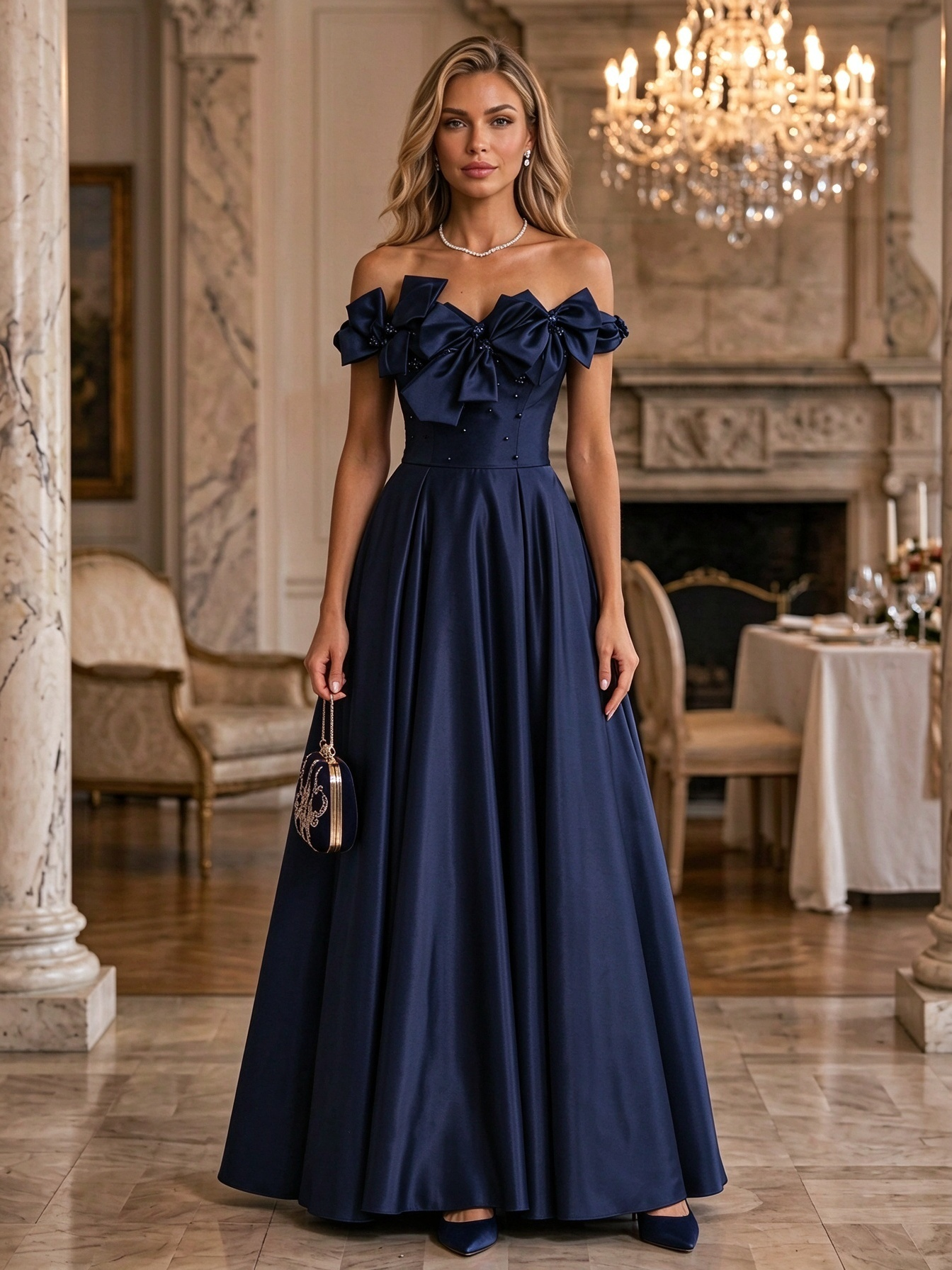 Burgundy Off Shoulder Bow Satin Ball Gown Maxi Dress