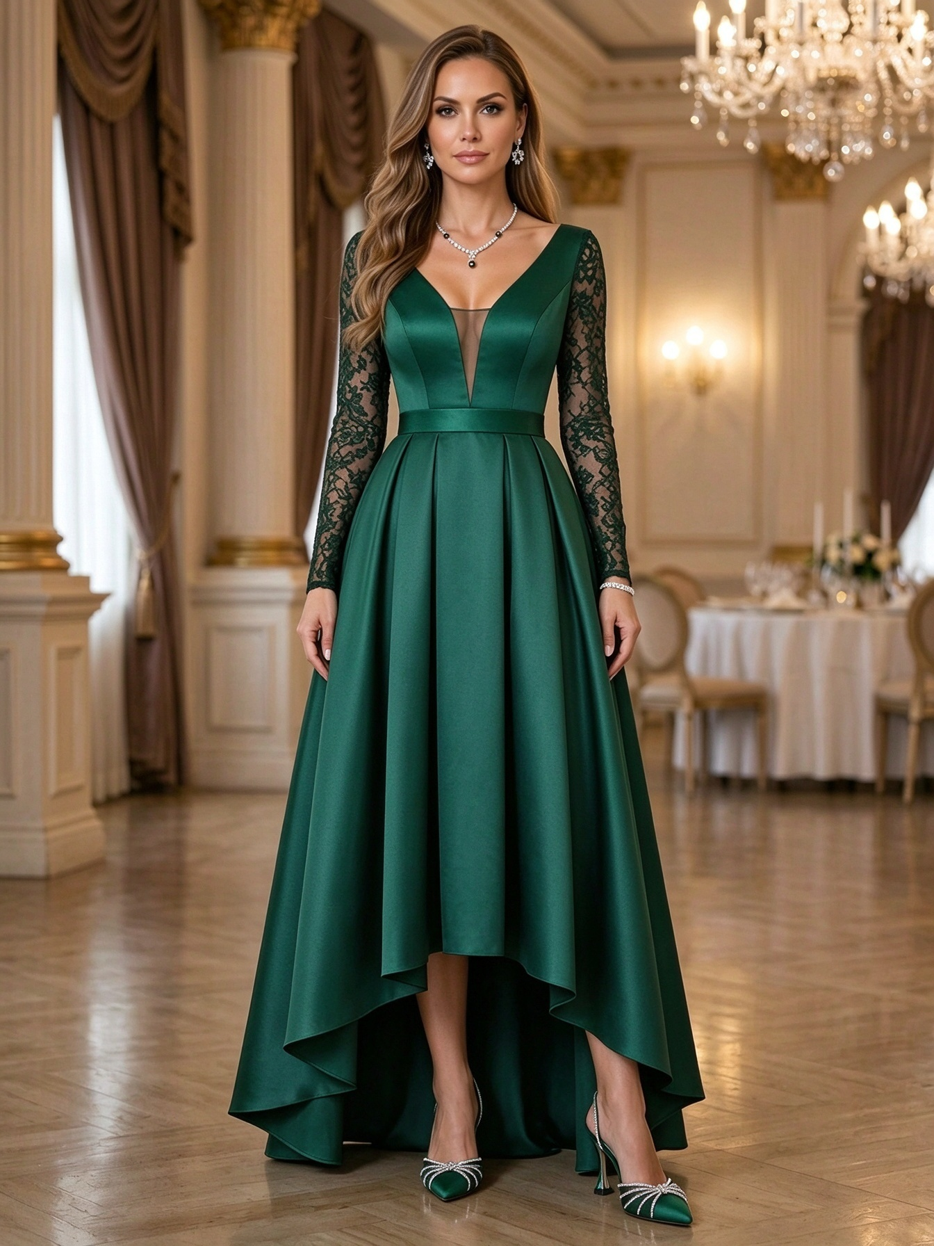 Black Long Sleeve Lace Deep V-Neck High-Low Maxi Dress