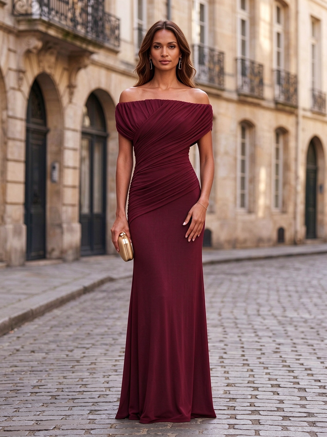 Emerald Green Off-the-Shoulder Ruched Jersey Floor-Length Gown