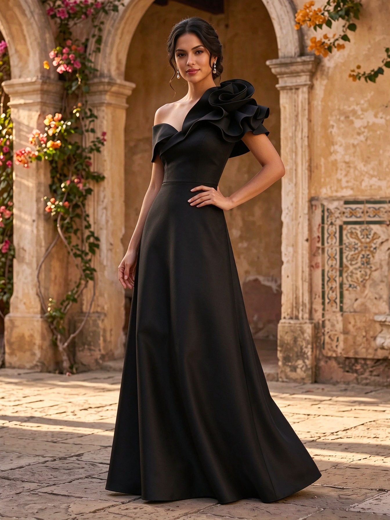 Fuchsia Off Shoulder One Side Floral A Line Floor-Length Evening Dress