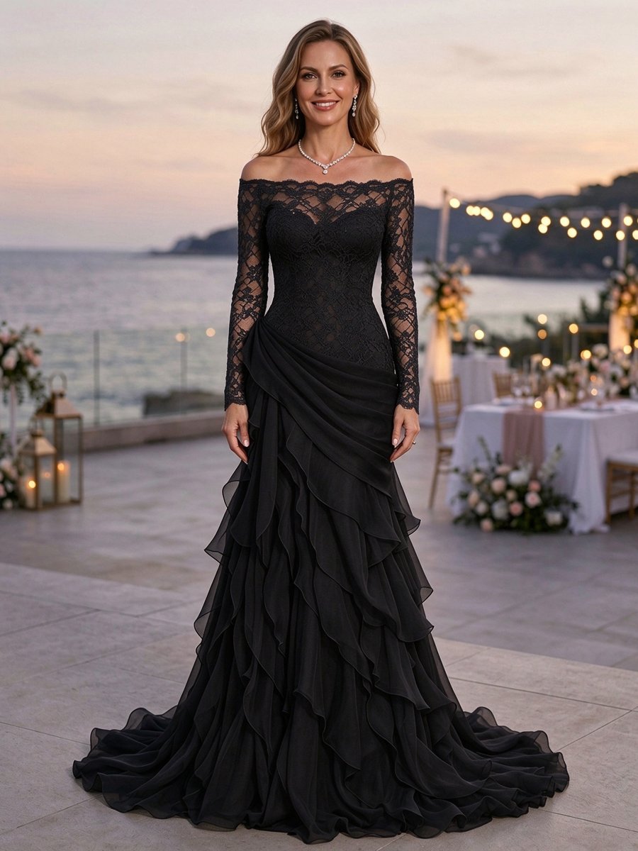 Navy Blue Off Shoulder Long Sleeve Lace Layered Mermaid Maxi Dress