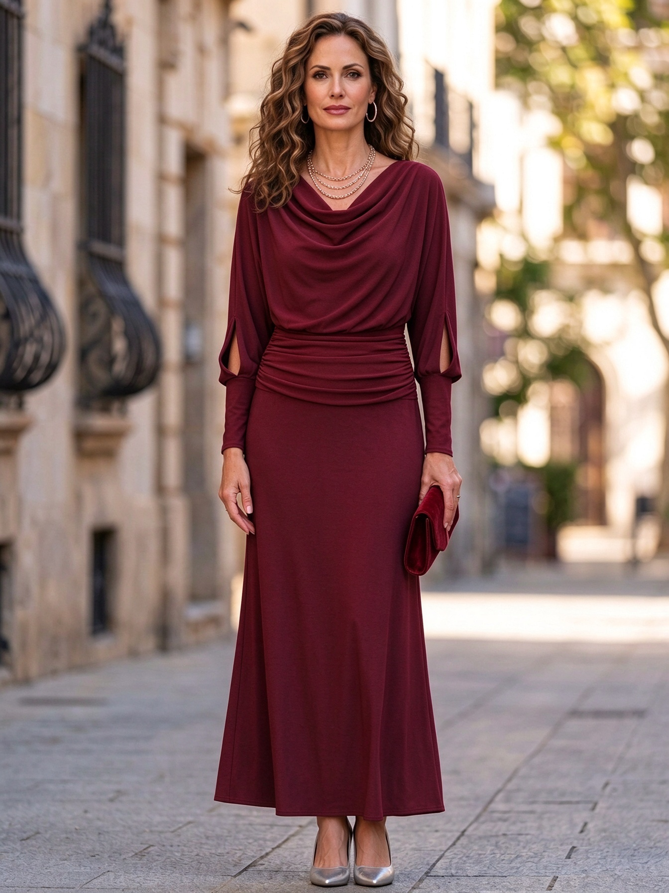 Navy Blue Cowl Neck Long Sleeve Slit Cuff A Line Floor-Length Maxi Dress