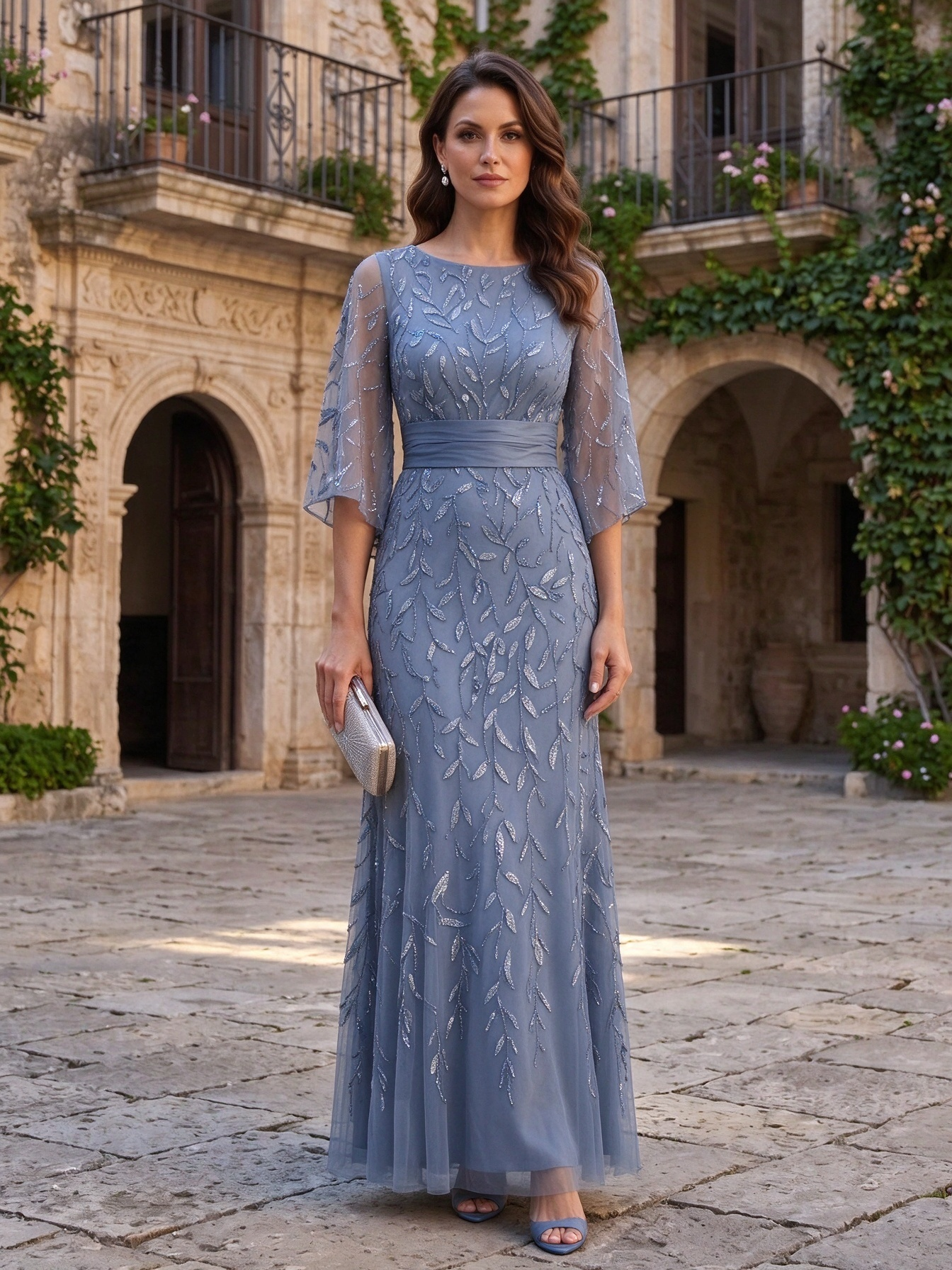 Dusty Rose Round Neck Flare Sleeve Sequin Leaf A-Line Maxi Dress