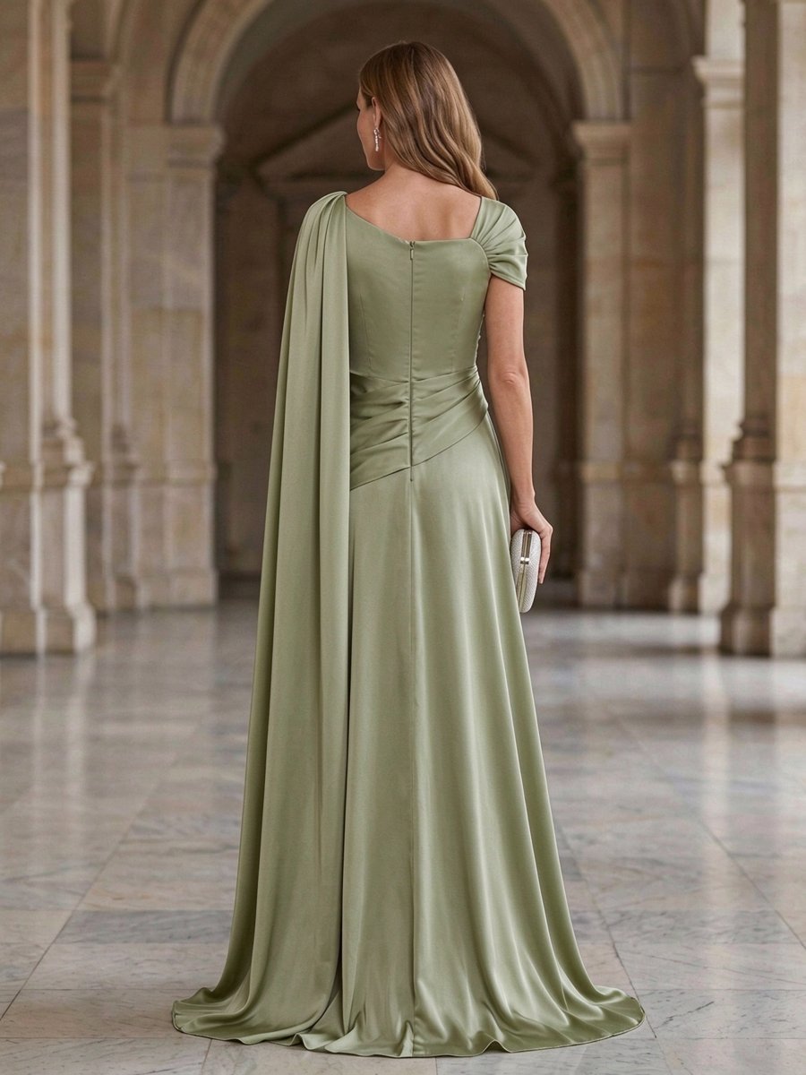 Sage Green Satin Beaded Draped Mermaid Maxi Dress