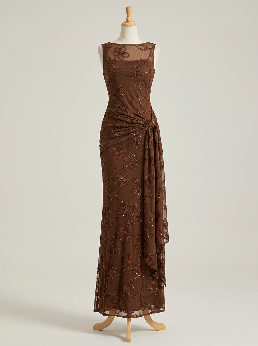 Chocolate Brown Sequin Floral Lace Sleeveless Sheath Floor‑Length Maxi Dress