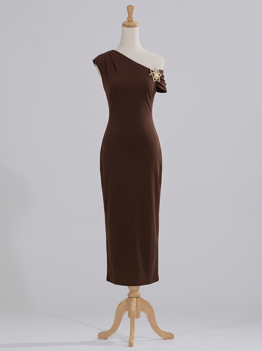 Chocolate Brown Asymmetric Off‑Shoulder Crepe Tea‑Length Midi Dress