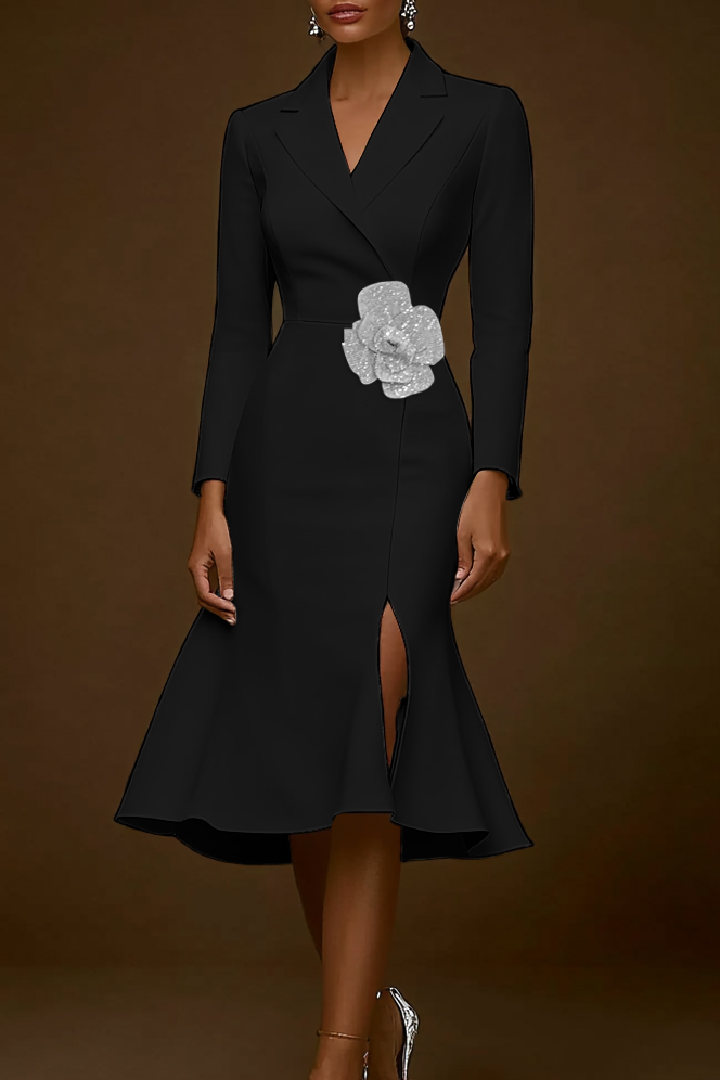 Work Semi-Formal Blazer Dress White Rhinestone Flower Mermaid Midi Dress