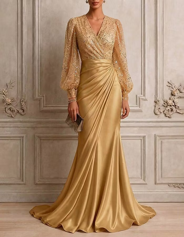 Champagne Gold V‑Neck Puff‑Long‑Sleeve Sequin‑Tulle & Satin Mermaid Maxi Dress