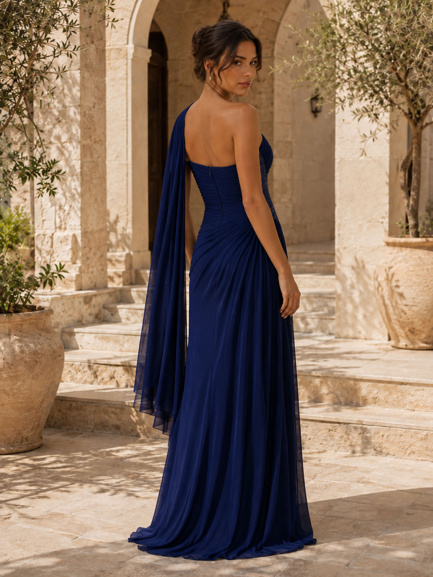 Navy Blue One‑Shoulder Sleeveless A‑Line High Slit Maxi Gown