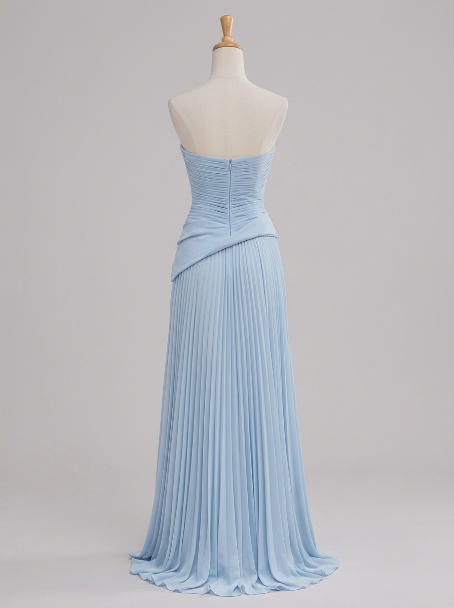 Dusty Blue Strapless Pleated Chiffon A‑Line Floor‑Length Maxi Dress