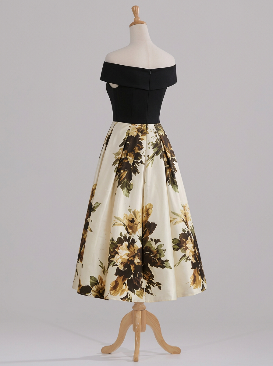 Black Off‑The‑Shoulder Short‑Sleeve A‑Line Floral Printed Satin Midi Dress