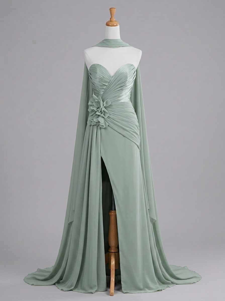 Sage Green Sweetheart Draped Flower High Slit Maxi Dress