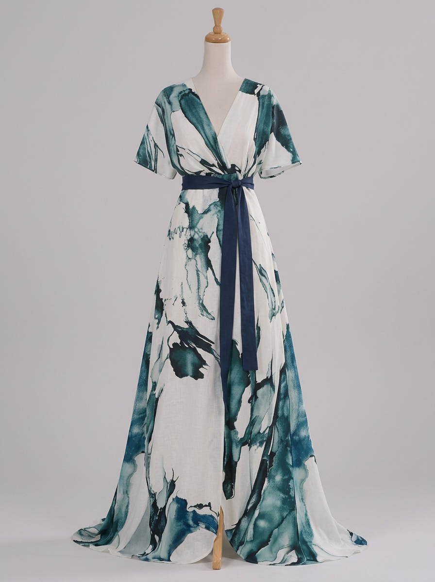 Teal Ink Print Chiffon Flutter Sleeve A‑Line Floor‑Length Maxi Dress