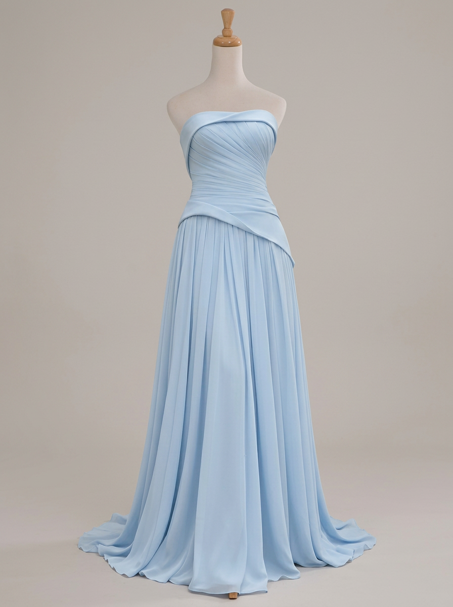 Dusty Blue Strapless Pleated Chiffon A‑Line Floor‑Length Maxi Dress