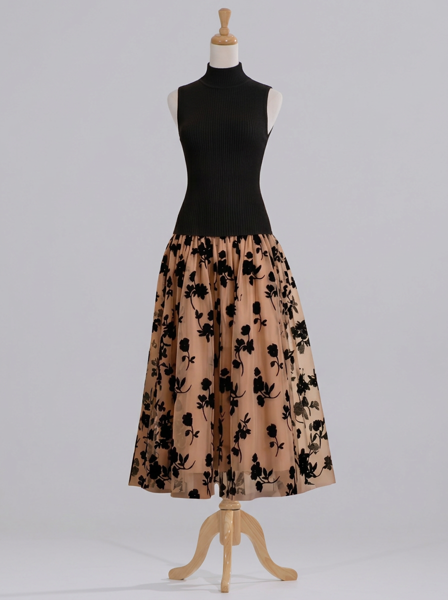 Black High Neck Floral Mesh Tea‑Length Midi Dress