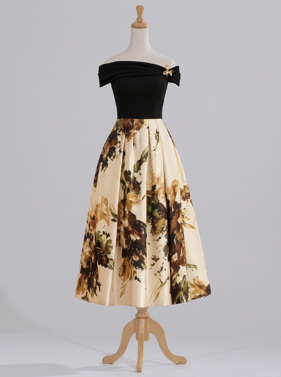Black Off‑The‑Shoulder Short‑Sleeve A‑Line Floral Printed Satin Midi Dress