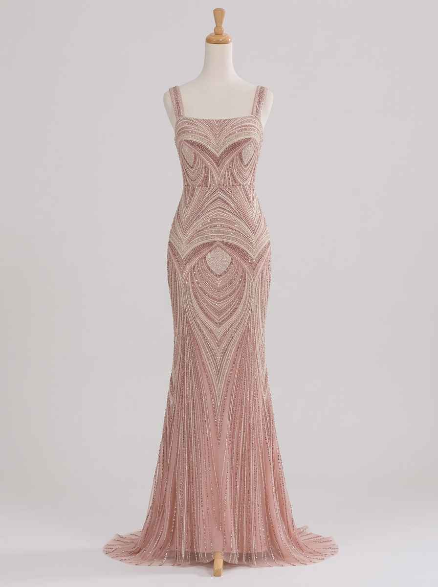 Dusty Rose Beaded Square Neck Mermaid Floor‑Length Maxi Dress