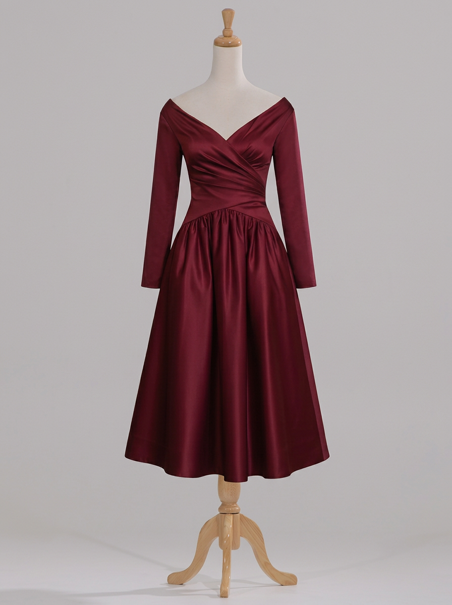 Burgundy Satin Off‑The‑Shoulder Long Sleeve A‑Line Tea‑Length Maxi Dress