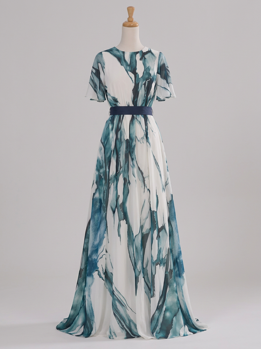 Teal Ink Print Chiffon Flutter Sleeve A‑Line Floor‑Length Maxi Dress